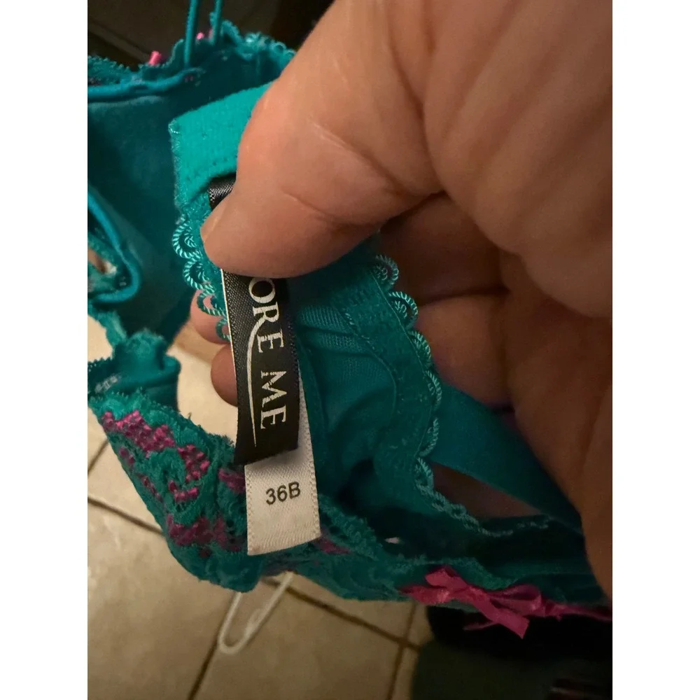 Adore Me Teal Pink Floral Lace Lingerie Set Bra 36B Thong Large Bow‎ Accents